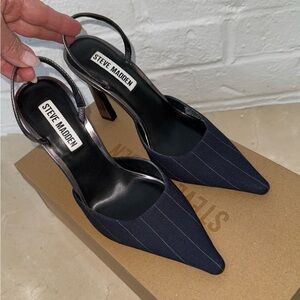 Steve Madden Drew Navy Pinstripe with Pewter Heels